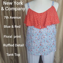 New York &amp; Company 7th Avenue Blue And Red Floral Print Ruffled Detail Tank Top - £8.63 GBP