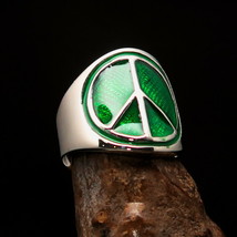 Nicely craftedMen&#39;s Ring green Peace Symbol Flower Power - Sterling Silver - £42.46 GBP