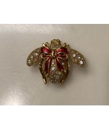 Joan Rivers Bee Pin Brooch Holiday Bow Bee Merry Enamel Crystal - £35.76 GBP