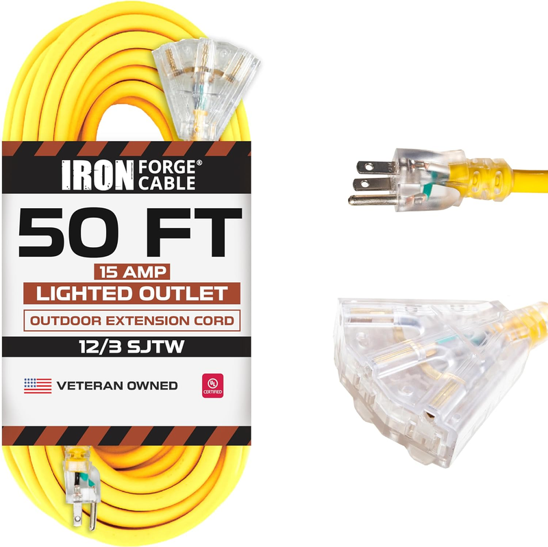 50 Foot Lighted Outdoor Extension Cord with 3 Electrical Power - $125.72