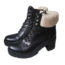 NEW Nine West Sz 10 Quinine Block Heel Combat Boots Black Faux Fur Platform Heel - $32.98