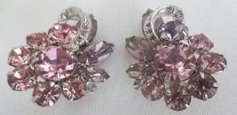 Vtg Signed Eisenberg Pink Rhinestone &amp; Rhodium Clip Earrings Stunning Large - £51.11 GBP