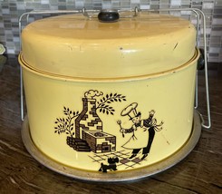 Vintage MCM Metal Pie and Cake Carrier Yellow 4 Piece Saver Handle Made ... - $46.79
