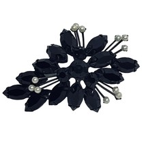 Faceted Black Rhinestone And Faux Pearl Floral Mourning Japanned Brooch (5137) - £31.80 GBP