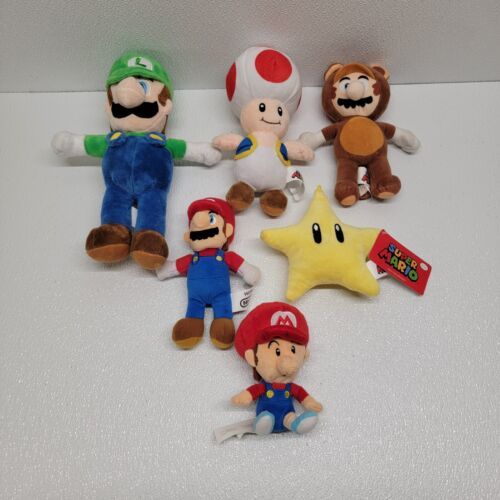 Super Mario Lot Of 6 Plush Luigi, Baby Mario, Toad, Raccoon Tanooki Mari... - $24.65