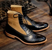 Handmade men&#39;s Bespoke suede &amp; calf Leather black lace up ankle boots US 5-15 - £119.61 GBP