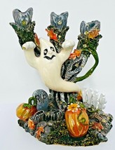 Painted pewter Halloween cemetery bejeweled ghost figurine candelabra  - £40.16 GBP