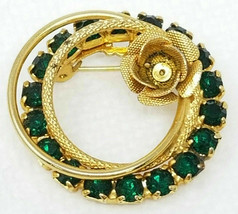 Rose Hoops Wreath Brooch Pin Vintage Gold Color Green Glass Accents - $15.15