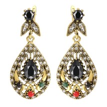Boho Big Crystal Flower Earrings For Women Antique Gold Color Black Stone Ethnic - £7.01 GBP