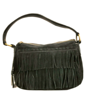 GUESS Satchel Black Suede Leather Fringe Hippie Chic Boho Logo Fob Lining - £18.07 GBP