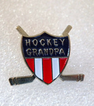 Hockey Grandpa Lapel Hat Pin Red White &amp; Blue Shield Crossed Hockey Sticks - £11.63 GBP