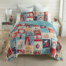NEW! Merry Retro Christmas Printed Quilt Set Holidays Winter Wreath Joy Bright - £116.16 GBP+