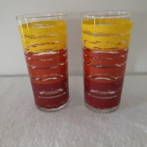 Drinking Glasses Mid Century Modern Red Orange Yellow Stripe Set 60s Vintage 6&quot; - £15.17 GBP