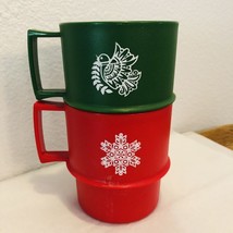 Vintage Tupperware Stackable Mugs Red Snowflake Green Dove Christmas Winter - $15.74