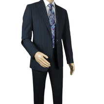 Men Suit BERLUSCONI Italian Wool 180's Pin Stripe One Button Peak UGS95-01 Navy image 6