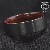 8mm Black Brushed Tungsten Red Sandal Wood Inlay Wedding Band Ring Men&#39;s Jewelry - £22.37 GBP