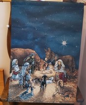 Nativity Scene Fabric Tapestry Lighted Wall Hanging Wood Dowel Rod 25&quot; X... - £23.66 GBP