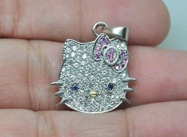 Large Hello Kitty 18K White Gold Pave Diamond Pendant w/ Pink and Blue Sapphires - £1,016.37 GBP