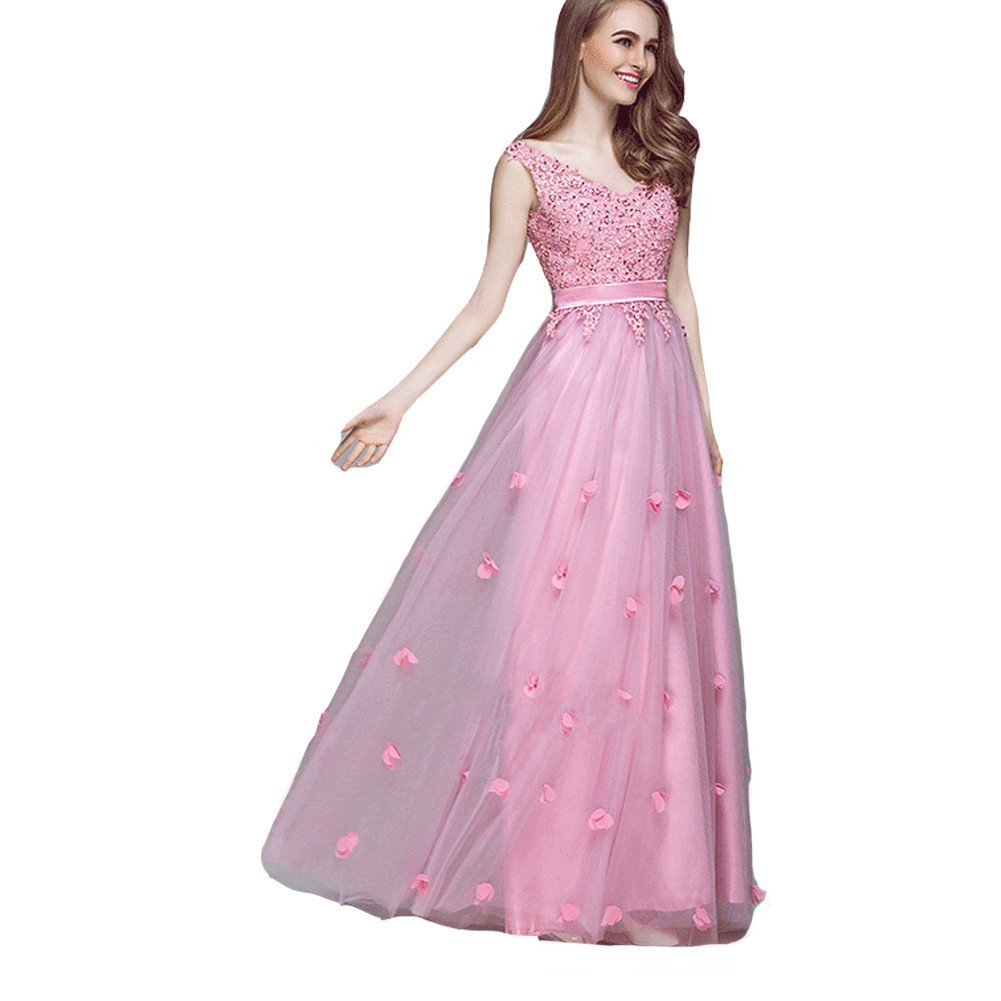 Kivary? V Neck Floral Lace Appliques Tulle Long Prom Evening Dresses with Sash R