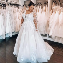 Plus Size Lace A-line Wedding Dress Illusion Long Sleeves Appliques Brid... - $179.90