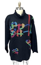 Doncaster 80s Vintage Black Cowl-Neck Sweater w/Multicolor Design Women&#39;s Size L - $79.30