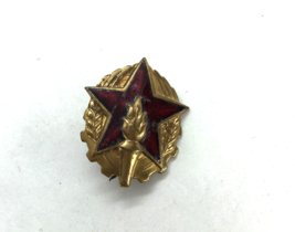 Vintage Pin Badge Brass Red Enamel Star Logo With Torch Military - £13.21 GBP