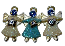 Vintage Kenneth Cole Three Angels Brooch Pin Christmas Glitter Blue White - £11.72 GBP