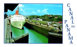 Miraflores Locks open to let vessel in transit pass Panama Canal Boat Postcard - £7.70 GBP
