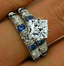 3.50Ct Simulated Diamond &amp; Sapphire Bridal Ring Set 14k White Gold in Size 9.5 - £252.57 GBP