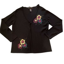 Women&#39;s Cardigan Sweater Black with Sequin Floral Pattern by Soft Harmony Lg - £13.23 GBP