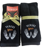 Halloween Fingertip Towels Embroidered Black Set of 2 Wash Your Skeleton... - £28.58 GBP