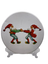 Swedish Cookie Tin Elves Gnomes Dancing Folk Art White Red 6&quot; AE Vintage - £19.57 GBP