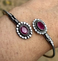 Handmade Cuff Bangle Jewelry German Silver, Natural Ruby Gemstone 1 Adjustable - £15.31 GBP