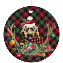 Funny Goldendoodle Dog With Deer Anlters Plaid Pattern Ornament Gift Tree Decor - £12.19 GBP