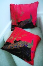 2 Pillow Covers 100% Thai Silk - Pair of 2 Peacock +Bamboo Design Both Sides Vtg - £24.66 GBP