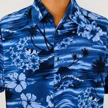 Big Dog XL Aloha Hawaiian Blue Hibiscus Palm Trees Shirt Dogs on Beach - £35.83 GBP
