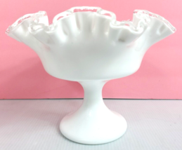 Vintage Fenton Silver Crest Milk Glass Ruffled Pedestal Compote Candy Dish Bowl - £15.73 GBP