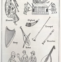 Medieval Wind And String Instruments Chart 1940s Harp Lute Organ Print A... - £31.89 GBP