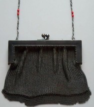 Vintage Dark Gray Metal Mesh Evening Bag Handbag Purse w Beaded Chain Ha... - £51.75 GBP