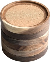 6 Acacia Wood Drink Coasters, 4 X 13 Inches, Absorbent And Insulating Cork - £26.98 GBP