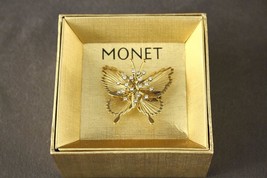 MODERN Costume Jewelry MONET Gold Tone Rhinestone Butterfly Brooch Pin Boxed - £14.23 GBP