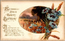 Vtg Postcard Winsch To Wish You a Happy Birthday, Blue Flowers and Wheat Fields - £5.36 GBP