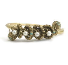Victorian Revival Pearl Turquoise Bangle Bracelet 14K Yellow Gold, 20.39 Gr - £1,987.19 GBP