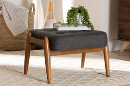 Clarke Japandi Dark Gray Fabric and Walnut Brown Ottoman Footstool - $1,970.95 MXN