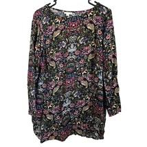 J. Jill Tunic Blouse Large Floral Multicolor Black Rayon Long Sleeves Top - £13.56 GBP