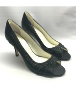 Michaelangelo Women&#39;s Size 8.5 B Black Satin Sequins Dress Pumps Open To... - $447.03 MXN