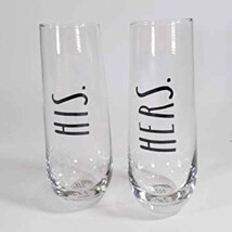 NEW Rae Dunn  &quot;HIS &amp; HERS&quot; Stemless Flute Glasses  10 fl. oz. Great Bridal Gift! - £18.90 GBP