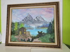 Vintage Oil Painting Canvas Framed Mountains Cabin Forest Lake Tom Williams Vtg - £391.68 GBP