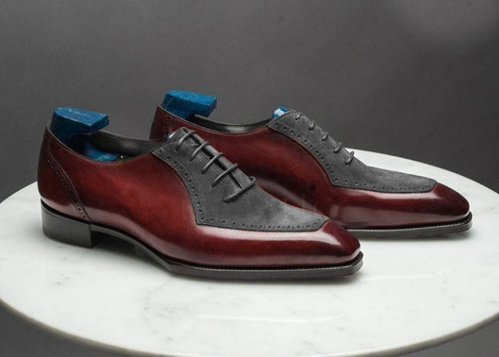 New Handmade Gray Burgundy Leather Suede Shoes, Men's Square Toe Lace Up Shoes 2