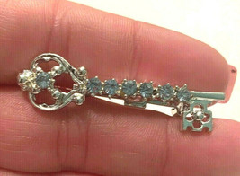 Vintage Silver Tone Blue Rhinestone Key Brooch Pin Jewelry - £11.81 GBP